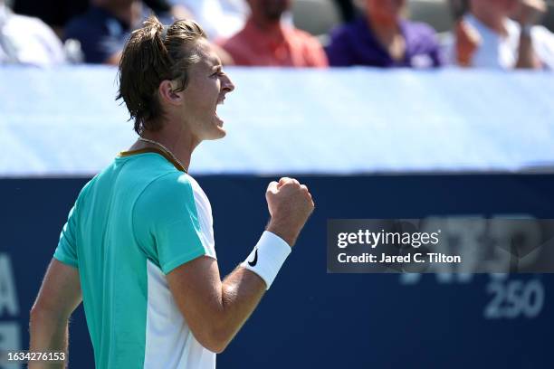 Sebastian Korda of the United States reacts after winning the first set against Marton Fucsovics of Hungary during their third round match of the...