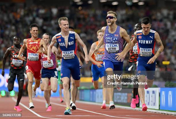 Narve Gilje Nordas of Team Norway, Josh Kerr of Team Great Britain and Jakob Ingebrigtsen of Team Norway cross the finish line in the Men's 1500m...