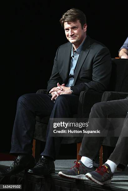 Actor Nathan Fillion speaks onstage at the Much Ado About Much Ado Panel during the 2013 SXSW Music, Film + Interactive Festival at Austin Convention...