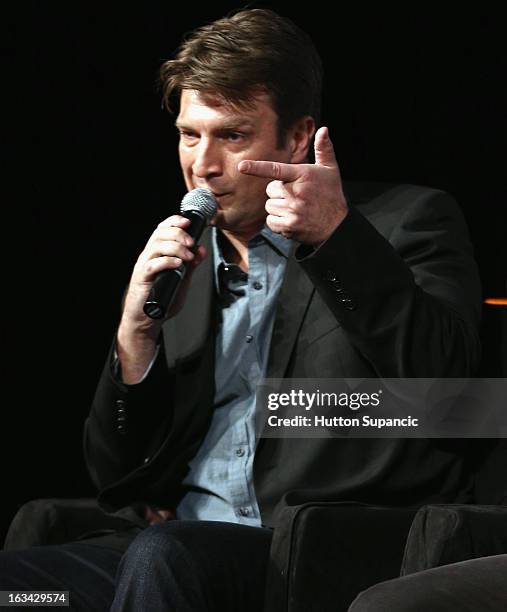 Actor Nathan Fillion speaks onstage at the Much Ado About Much Ado Panel during the 2013 SXSW Music, Film + Interactive Festival at Austin Convention...