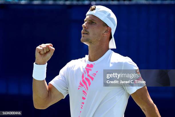 Marton Fucsovics of Hungary reacts following a point against Sebastian Korda of the United States during their third round match of the Winston-Salem...