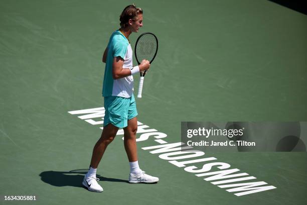 Sebastian Korda of the United States reacts following a point against Marton Fucsovics of Hungary during their third round match of the Winston-Salem...