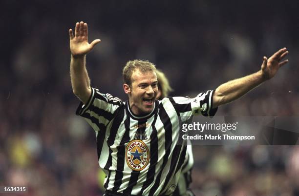 Newcastle's Alan Shearer celebrates scoring the winning goal during the match between Newcastle United and Sheffield United in the Semi-Finals of the...