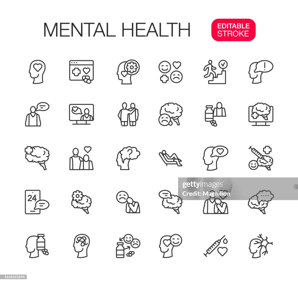 Conjunto de ícones de linha de saúde mental, traçado editável