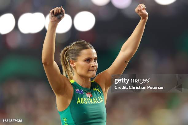 Nina Kennedy of Team Australia reacts after competing in the Women's Pole Vault Final during day five of the World Athletics Championships Budapest...