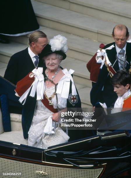 Queen Elizabeth The Queen Mother attending the ceremony of the Order of the Garter with The Duke of Kent at St George's Chapel in Windsor, circa June...