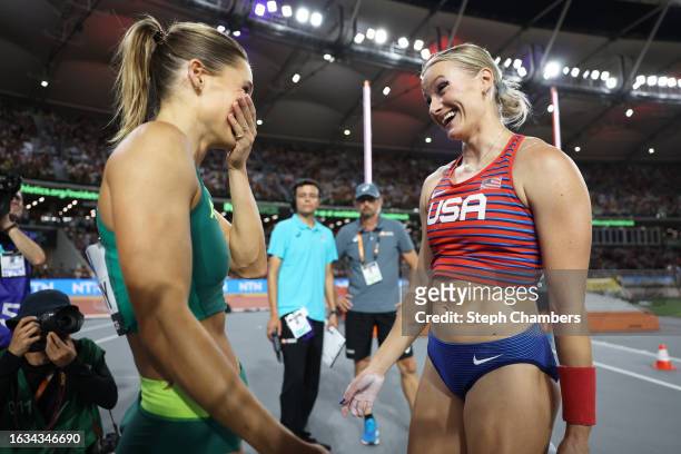 Nina Kennedy of Team Australia and Katie Moon of Team United States react after competing in the Women's Pole Vault Final during day five of the...