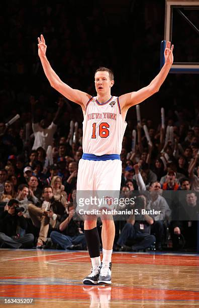 Steve Novak of the New York Knicks celebrates a made three-pointer on March 9, 2013 in a game between the Utah Jazz and the New York Knicks at...