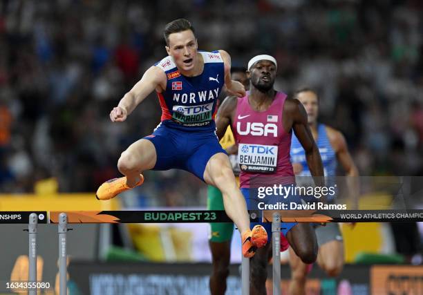 Karsten Warholm of Team Norway competes in the Men's 400m Hurdles Final during day five of the World Athletics Championships Budapest 2023 at...