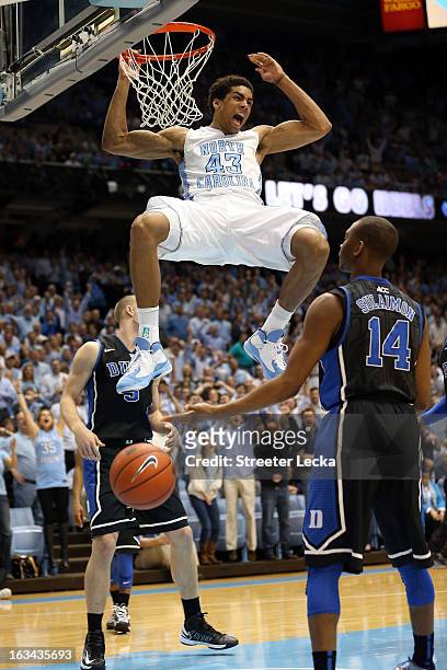 James Michael McAdoo of the North Carolina Tar Heels reacts after dunking the ball as teammates Mason Plumlee and Rasheed Sulaimon of the Duke Blue...