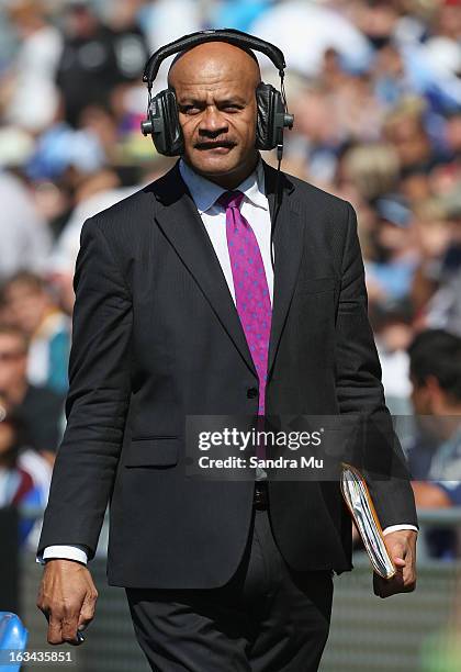 Commentator Willie Lose is seen during the round four Super Rugby Match between the Blues and the Bulls at Eden Park on March 10, 2013 in Auckland,...