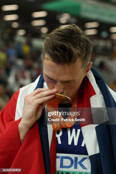 Karsten Warholm of Team Norway celebrates winning gold in the Men's 400m Hurdles Final during day five of the World Athletics Championships Budapest...