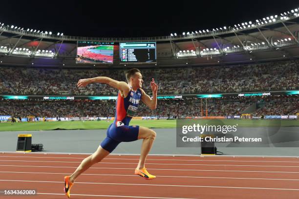 Karsten Warholm of Team Norway competes in the Men's 400m Hurdles Final during day five of the World Athletics Championships Budapest 2023 at...