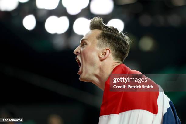 Karsten Warholm of Team Norway celebrates winning the Men's 400m Hurdles Final during day five of the World Athletics Championships Budapest 2023 at...