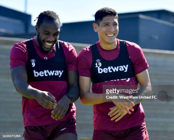 Michail Antonio and Edson Alvarez of West Ham United during training at Rush Green on August 23, 2023 in Romford, England.