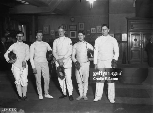 The Oxford V Cambridge Fencing Championships at the London Fencing Club in St James, London, 19th February 1926. Pictured are the Oxford team, G....