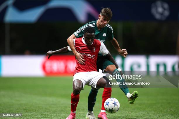 Bruma of Sporting Braga and Georgios Vagiannidis of Panathinaikos battle for the ball during the UEFA Champions League - Play-Off First Leg match...