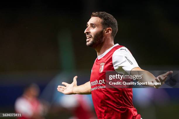 Abel Ruiz of SC Braga celebrates after scoring his team's first goal during the UEFA Champions League Qualifying Play-Off First Leg match between SC...