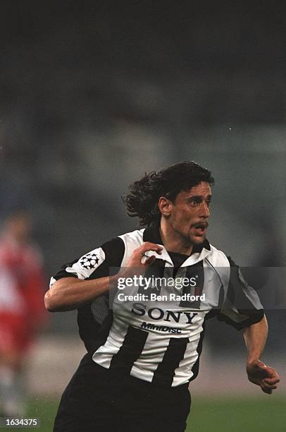 Moreno Torricelli of Juventus in action in the match between Juventus and A.S. Monaco in the Champions League Semi-finals played in the Stadio delle...
