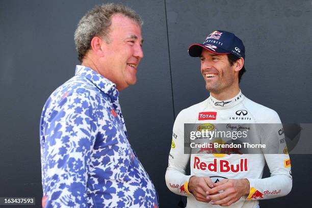 Jeremy Clarkson and Mark Webber of Australia and Infiniti Red Bull Racing share a joke during the Top Gear Festival at Sydney Motorsport Park on...