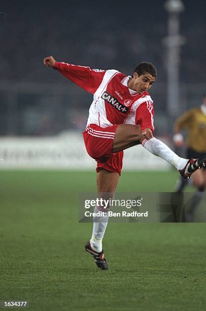 David Trezeget of A.S. Monaco shoots at goal during the match between Juventus and Monaco in the Champions League Semi-finals played at the Stadio...