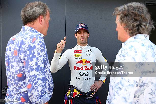 Jeremy Clarkson, Mark Webber of Australia and Infiniti Red Bull Racing and James May speak during the Top Gear Festival at Sydney Motorsport Park on...