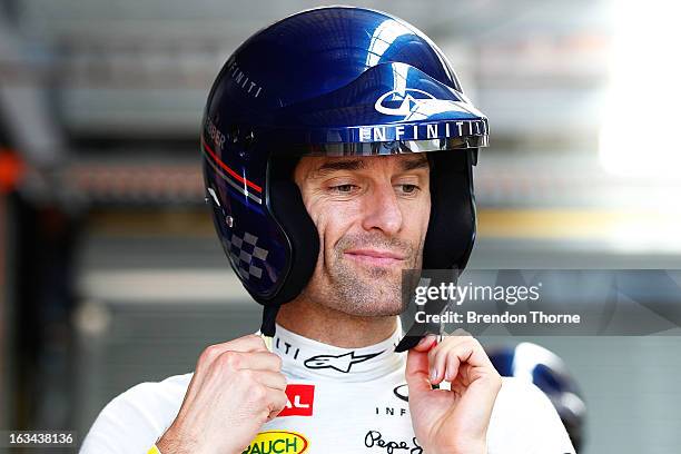 Mark Webber of Australia and Infiniti Red Bull Racing prepares to drive guests around in an Infiniti road car during the Top Gear Festival at Sydney...