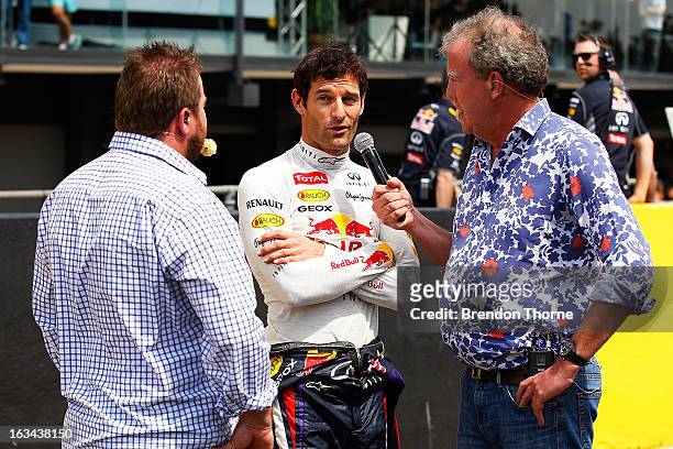 Jeremy Clarkson and Mark Webber of Australia and Infiniti Red Bull Racing speak during the Top Gear Festival at Sydney Motorsport Park on March 10,...