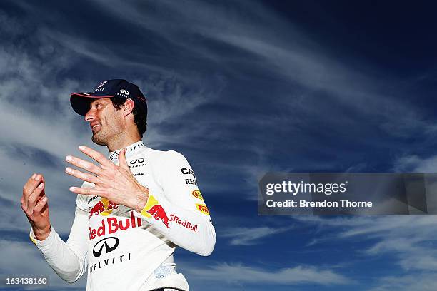 Mark Webber of Australia and Infiniti Red Bull Racing speaks with the media during the Top Gear Festival at Sydney Motorsport Park on March 10, 2013...