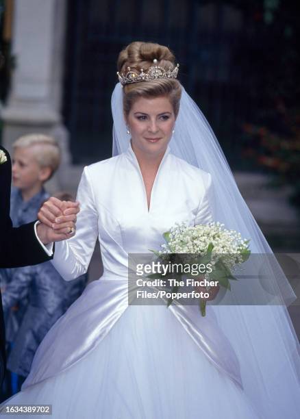 Serena nee Stanhope, following her wedding to Viscount Linley, David Armstrong-Jones , the son of HRH Princess Margaret , at St Margaret's Church,...