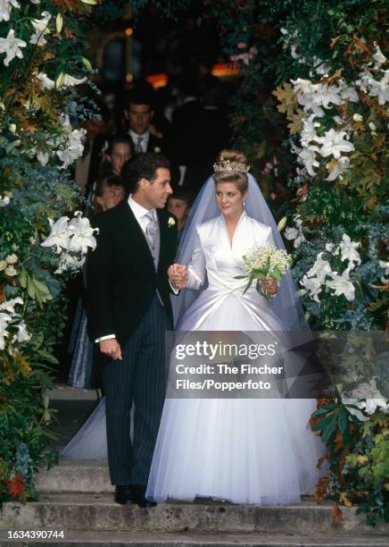 Viscount Linley, David Armstrong-Jones, the son of HRH Princess Margaret , with his new bride, Serena nee Stanhope, following their wedding at St...