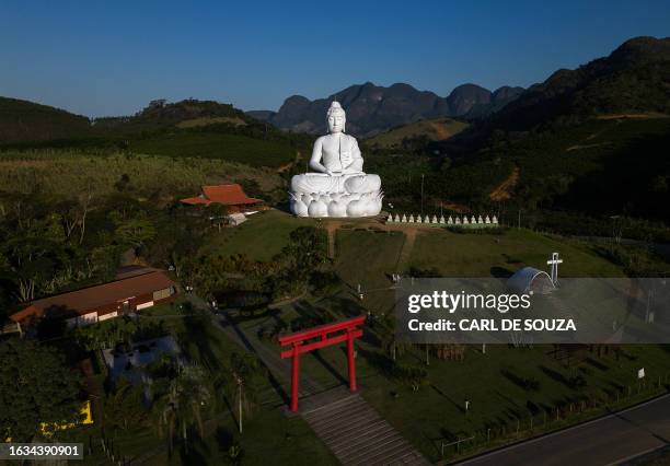 Aerial view of a giant Zen Buddha statue built at the Morro da Vargem Zen Monastery in Ibiraçu, Espirito Santo State, Brazil, taken on August 24,...