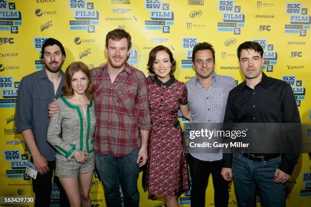 Ti West, Anna Kendrick, Joe Swanberg, Olivia Wilde, Jake Johnson and Ron Livingston pose on the red carpet at the Paramount Theater during the...