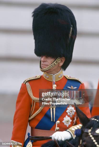 Prince Philip wearing the Guards uniform and a bearskin hat during the Trooping the Colour ceremony in London on 13th June 1992.