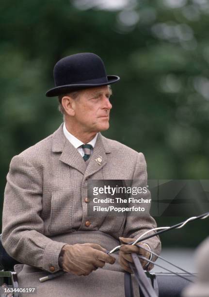Prince Philip enroute to winning the Grand Prize for carriage driving at the Royal Windsor Horse Show on 17th May 1992.