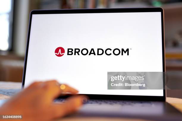 The Broadcom logo on a laptop arranged in New York, US, on Wednesday, Aug. 23, 2023. Broadcom Inc. Is scheduled to release earnings figures on August...