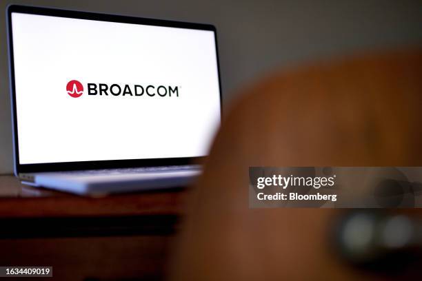 The Broadcom logo on a laptop arranged in New York, US, on Wednesday, Aug. 23, 2023. Broadcom Inc. Is scheduled to release earnings figures on August...