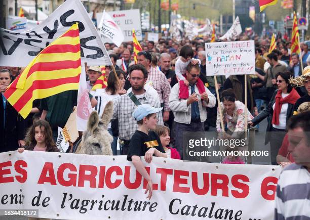 Quelque 2.000 à 3.000 personnes défilent le 05 avril 2006 à Perpignan à l'appel de la FDSEA et des Jeunes agriculteurs des Pyrénées-Orientales pour...