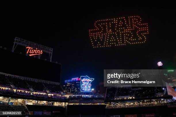 General view during a Star Wars drone show following the game between the Minnesota Twins and Pittsburgh Pirates on August 18, 2023 at Target Field...
