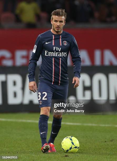 David Beckham of PSG in action during the french Ligue 1 match between Paris Saint-Germain FC and AS Nancy-Lorraine ASNL at the Parc des Princes...