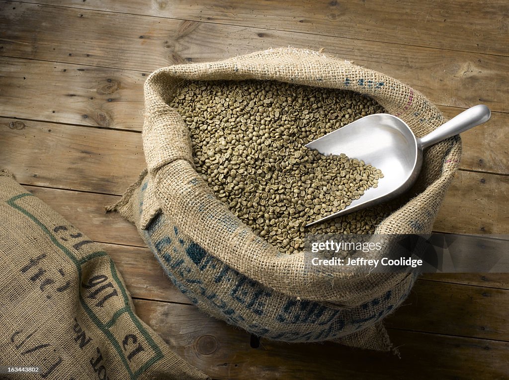 Raw Coffee Beans in Burlap Bag