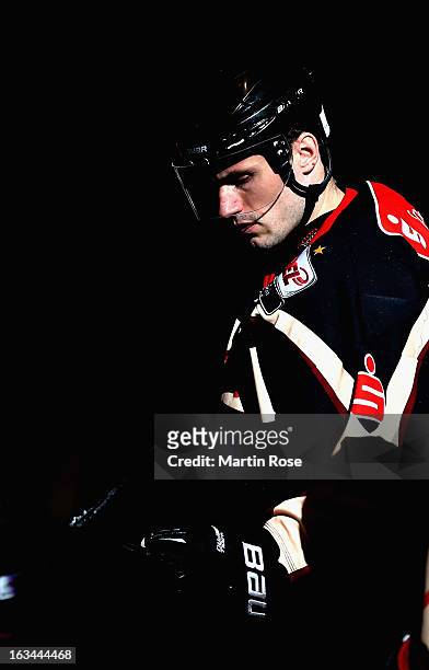 Ivan Ciernik of Hannover looks on before the Straubing Tigers during the DEL match between Hannover Scorpions and Straubing Tigers at TUI Arena on...
