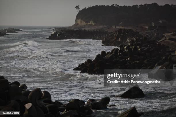 Water rushes near the coast within the former exclusion zone, about 20 km away from Fukushima Nuclear Power Plant, prior to the second anniversary...