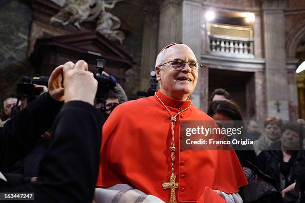 Brasilian cardinal and Sao Paulo archbishop Odilo Pedro Scherer arrives at St. Andrea al Quirinale church to lead a Sunday service mass on March 10,...