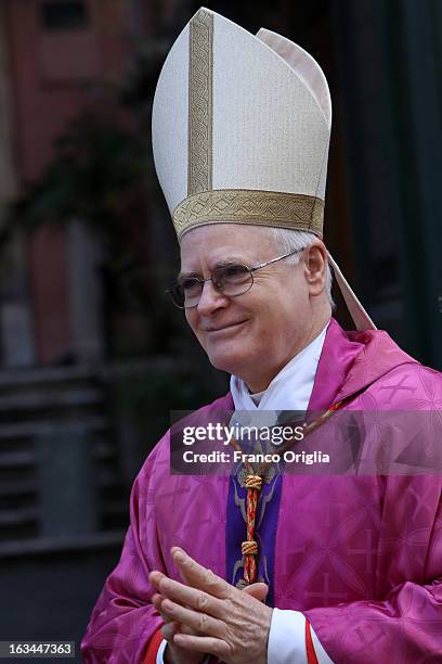 Brasilian cardinal and Sao Paulo archbishop Odilo Pedro Scherer arrives in procession at St. Andrea al Quirinale church to lead a Sunday service mass...