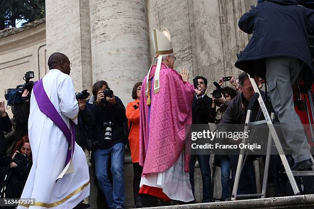 Brasilian cardinal and Sao Paulo archbishop Odilo Pedro Scherer arrives in procession at St. Andrea al Quirinale church to lead a Sunday service mass...