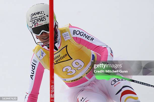 Fanny Chmelar of Germany competes in her last race wearing a pink tutu over her race suit in the Audi FIS Alpine Ski World Cup Women's Slalom on...