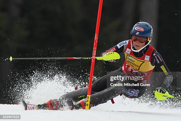 Mikaela Shiffrin of the USA races down the course whilst competing in the Audi FIS Alpine Ski World Cup Women's Slalom on March 10, 2013 in...