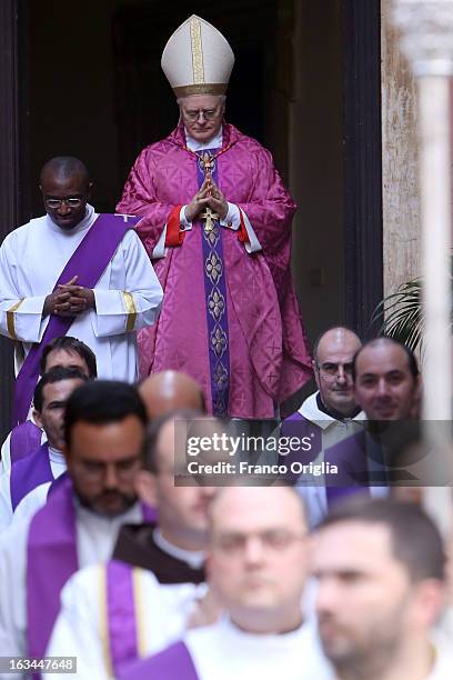 Brasilian cardinal and Sao Paulo archbishop Odilo Pedro Scherer arrives in procession at St. Andrea al Quirinale church to lead a Sunday service mass...