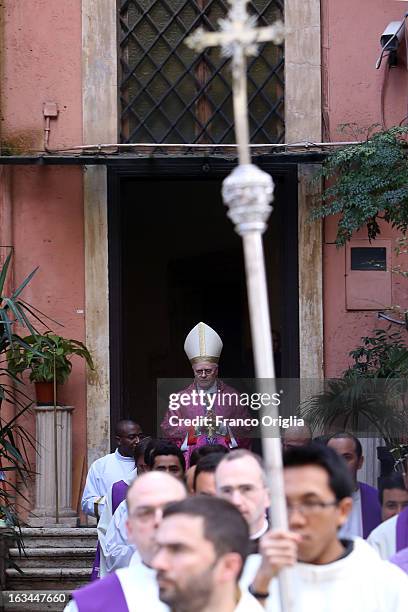 Brasilian cardinal and Sao Paulo archbishop Odilo Pedro Scherer arrives in procession at St. Andrea al Quirinale church to lead a Sunday service mass...